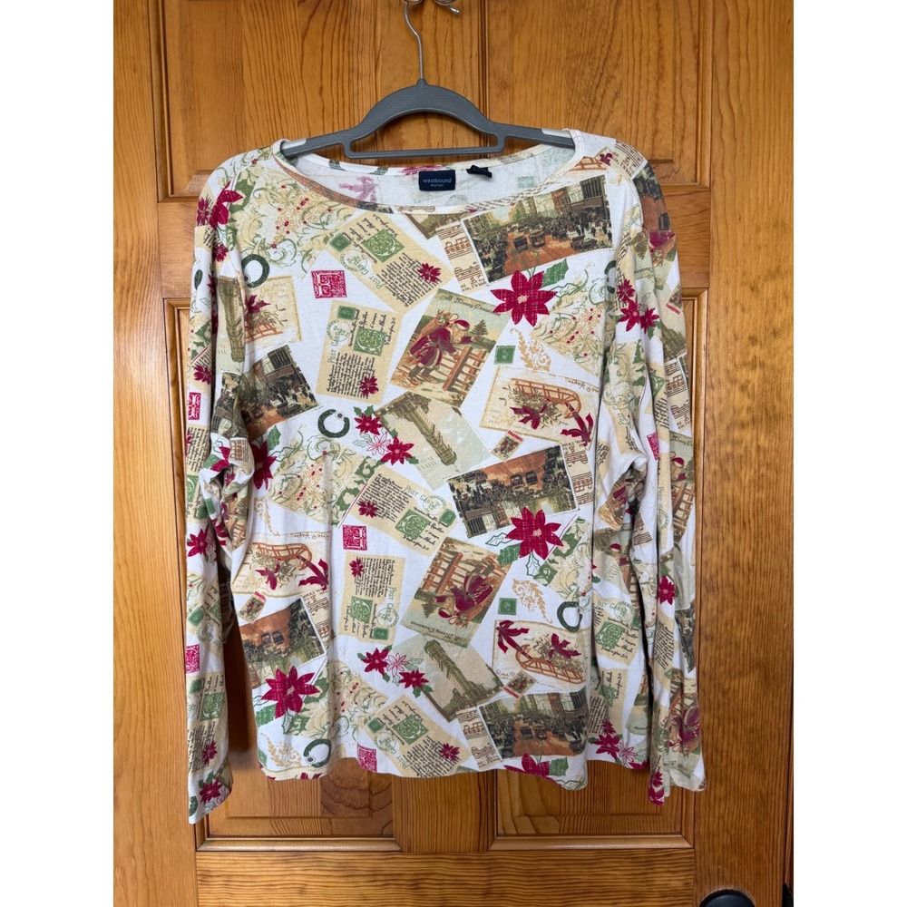 Westbound Woman Christmas Postcard Print Top Long Sleeve Cotton Plus Size 2X